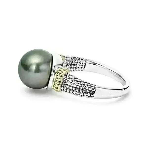 New Beautiful Two-Tone Gold/925 Silver Cultured Black Pearl Ring - Picture 1 of 5